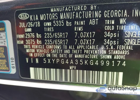 2019 Kia Sorento 2.4L Lx z USA, uszkodzony, nr VIN 5XYPG4A35KG499174